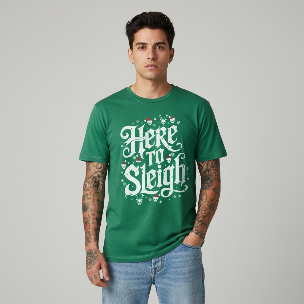 Edgy young Hispanic male with tattoos wearing Here to Sleigh T-Shirt in green