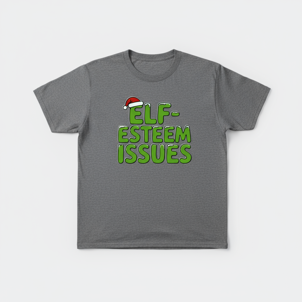 Elf Esteem Issues T-Shirt flat lay in graphite heather
