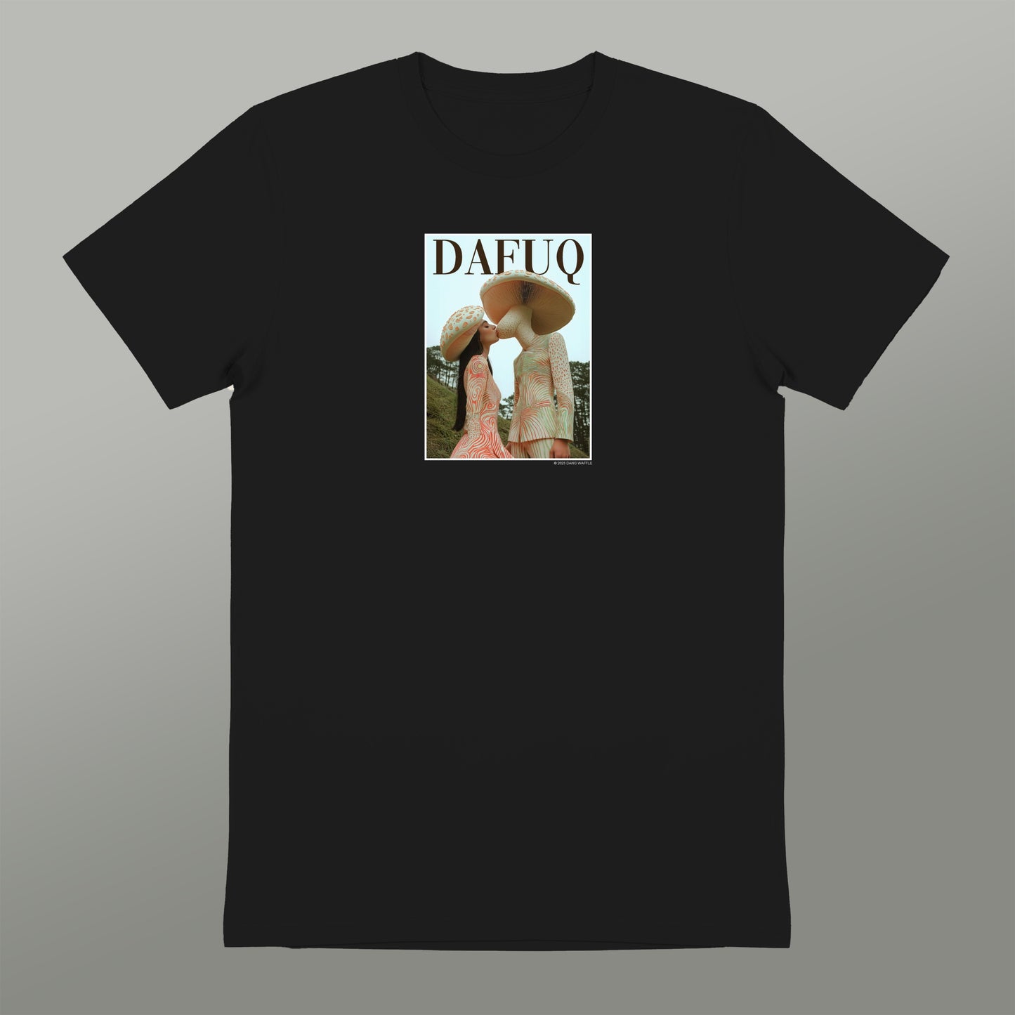 a black t-shirt with a graphic design depicting two people kissing.