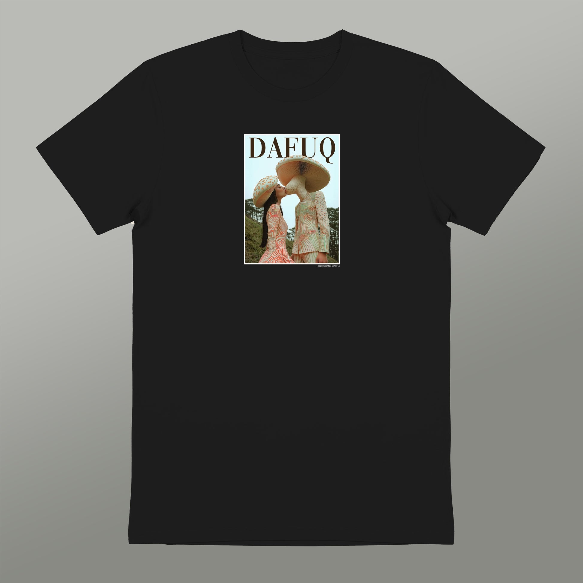 a black t-shirt with a graphic design depicting two people kissing.