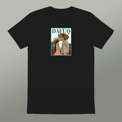 a black t-shirt with a graphic design depicting two people kissing.