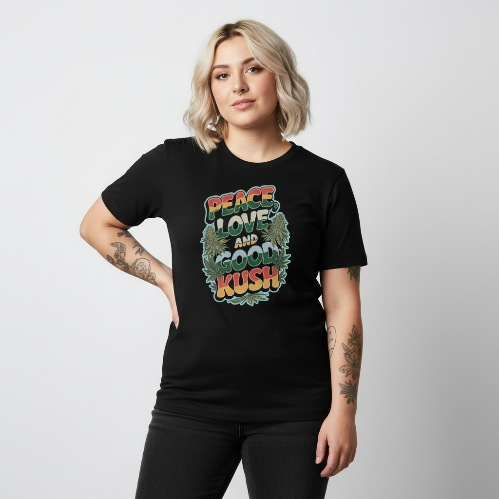 Female model - Black t-shirt, curvy build, blonde hair