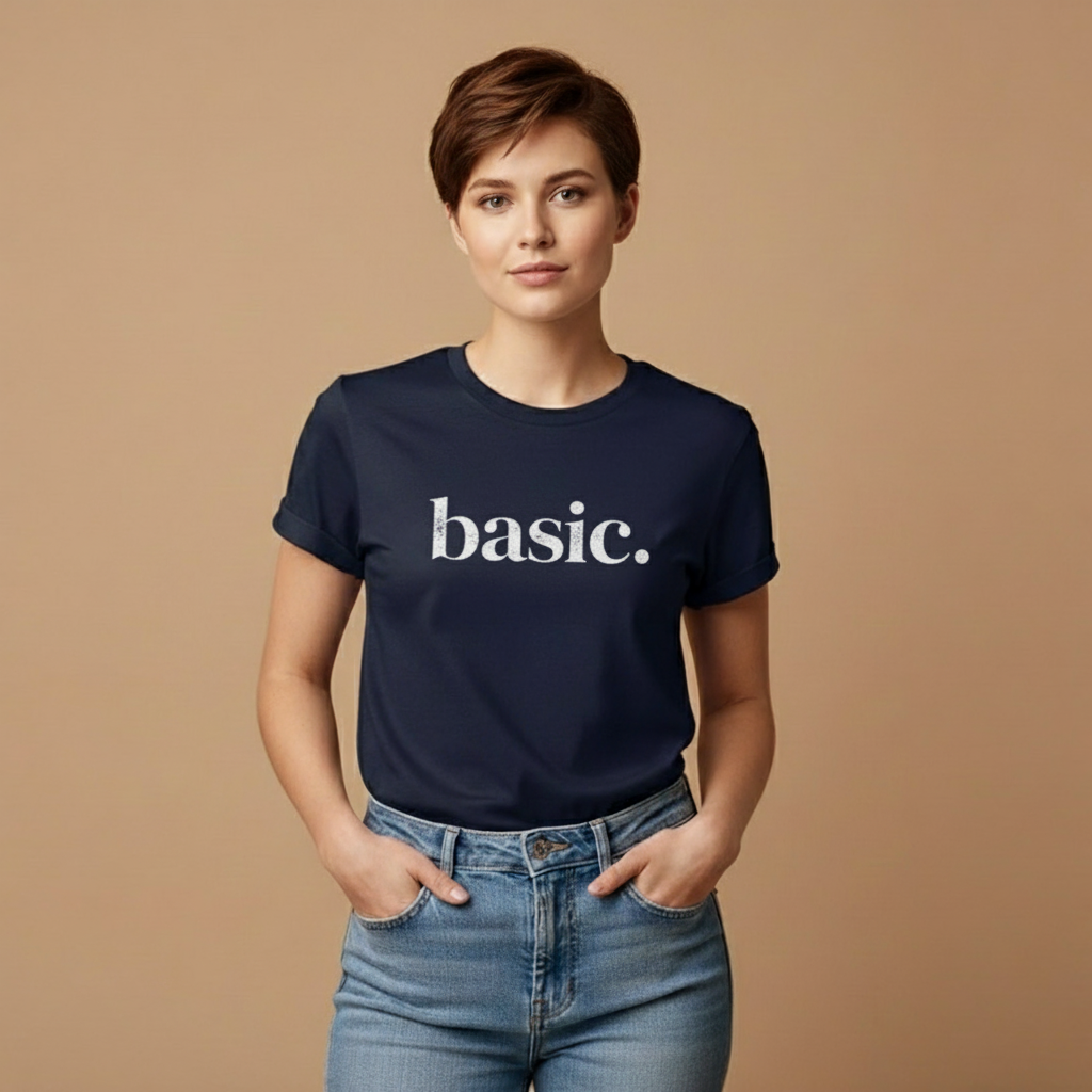 Female model wearing basic. t-shirt