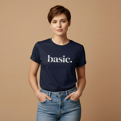 Female model wearing basic. t-shirt