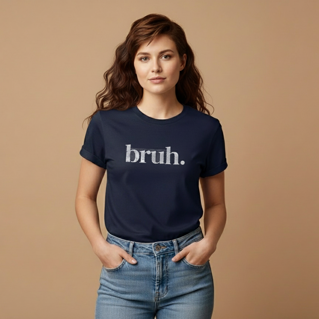 Female model wearing bruh. t-shirt