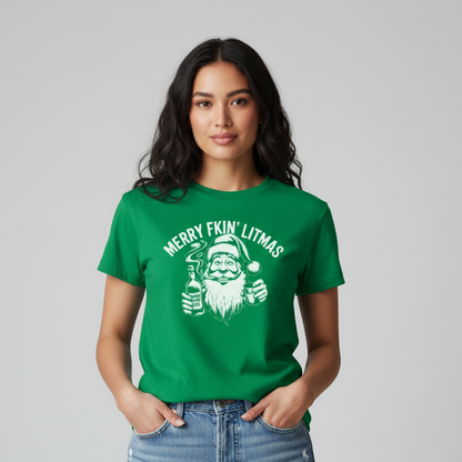 Female model wearing Merry Fkin' Litmas T-Shirt in antique Irish green