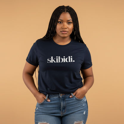 Female model wearing skibidi. t-shirt