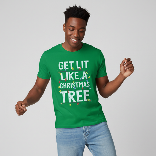 Friendly indie Black male model in dynamic pose wearing Get Lit T-Shirt in green