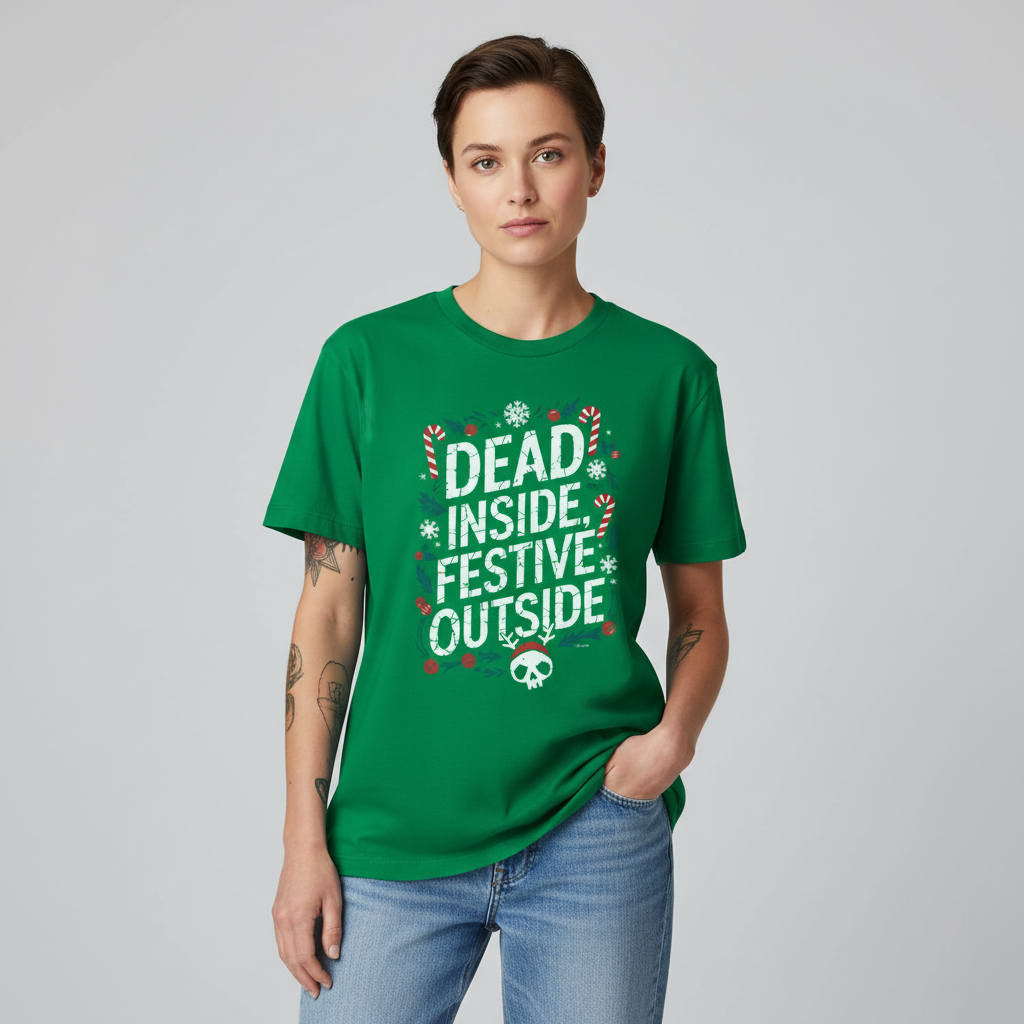 Gender neutral female model with tattoos wearing Dead Inside Festive Outside T-Shirt in green
