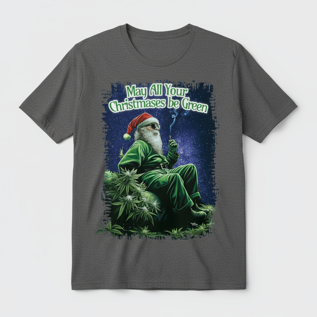 Green Santa T-Shirt flat lay in graphite heather