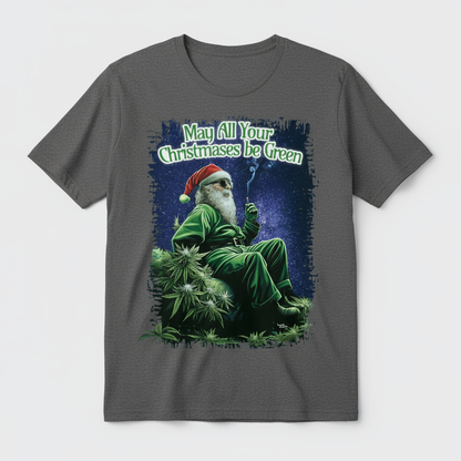 Green Santa T-Shirt flat lay in graphite heather