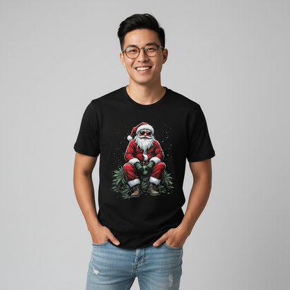 Happy alternative Asian male with glasses wearing Classic Claus Cannabis T-Shirt in black
