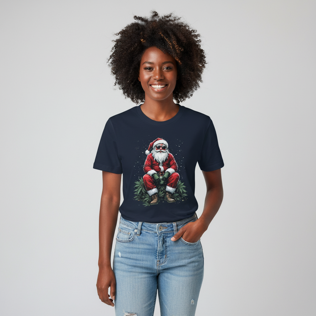 Happy alternative Black female with natural hair wearing Classic Claus Cannabis T-Shirt in navy
