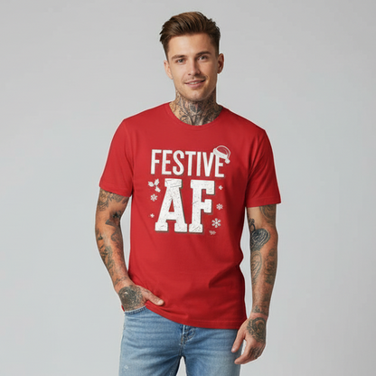 Indie white male model with tattoos wearing Festive AF T-Shirt in red