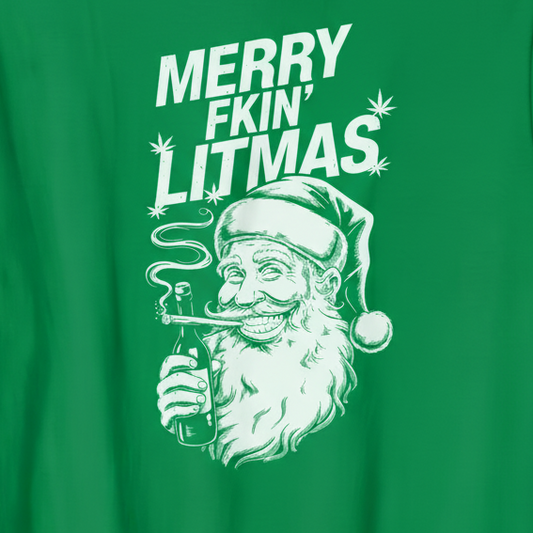 Litmas T-Shirt close-up in green - smoking Santa design