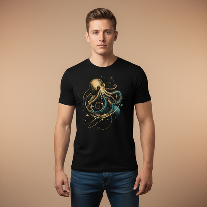 Male model - All American look, black t-shirt, orange background