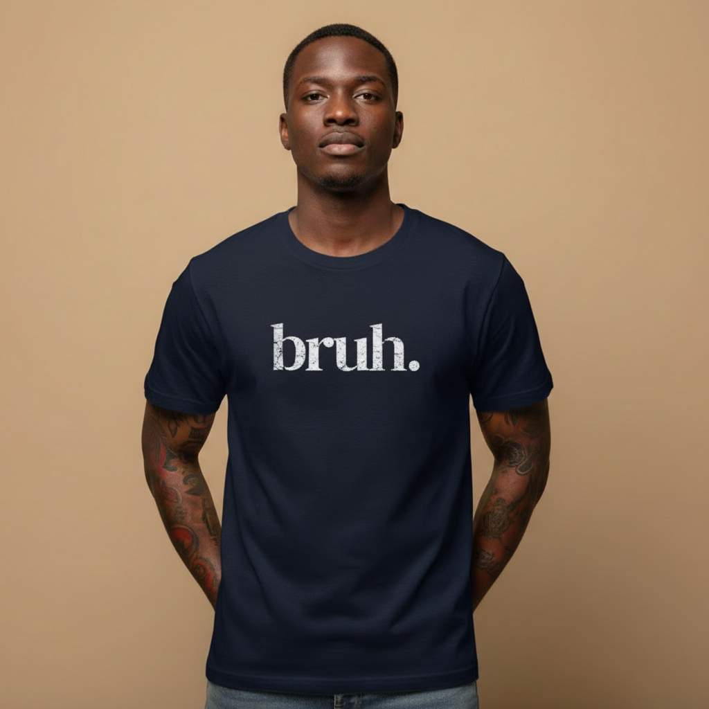 Male model wearing bruh. t-shirt