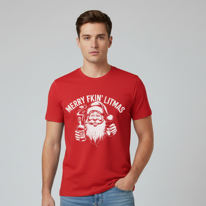 Male model wearing Merry Fkin' Litmas T-Shirt in red