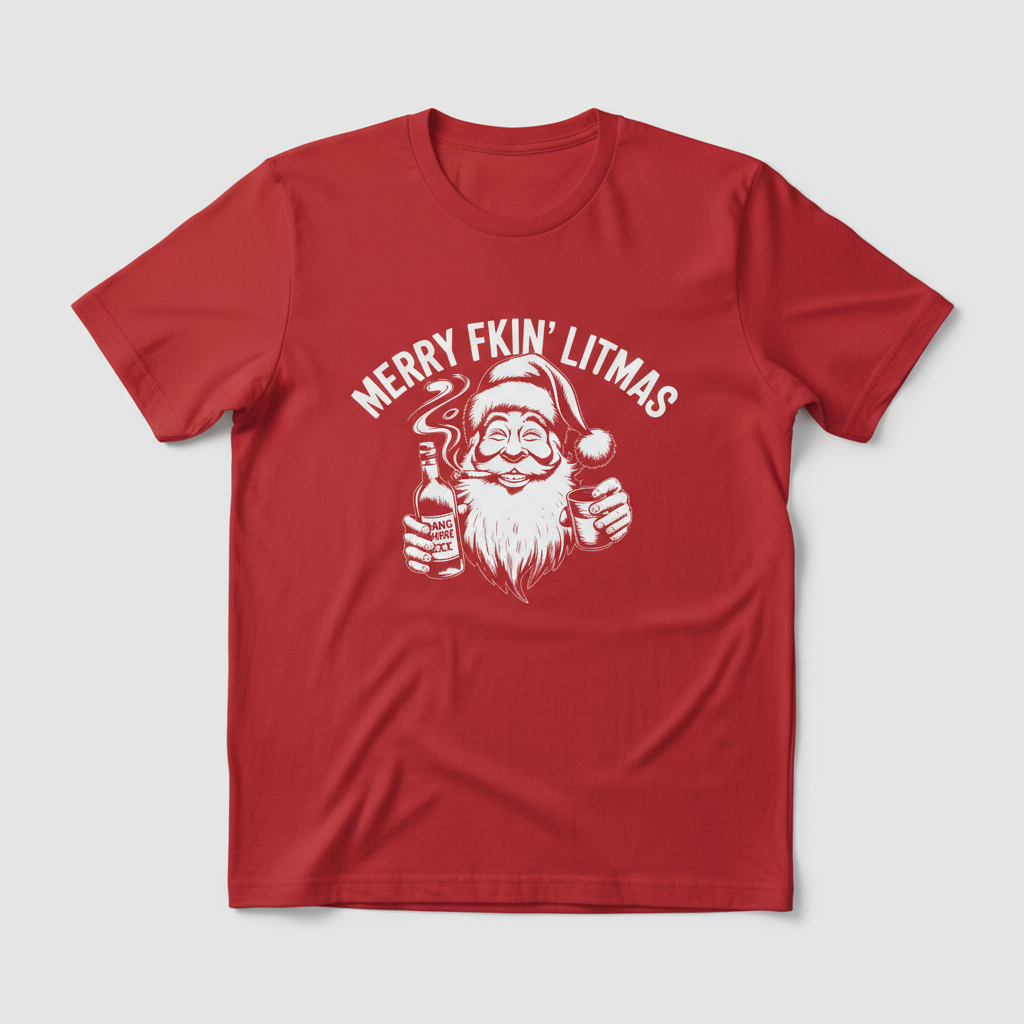 Merry Fkin' Litmas T-Shirt front view in red with depth