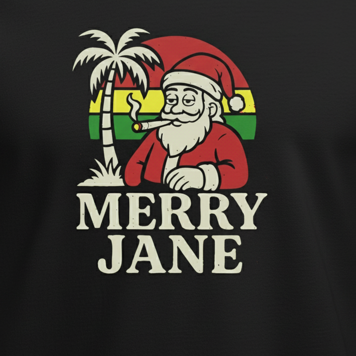 Merry Jane Santa T-Shirt close-up in black - wrinkle-free