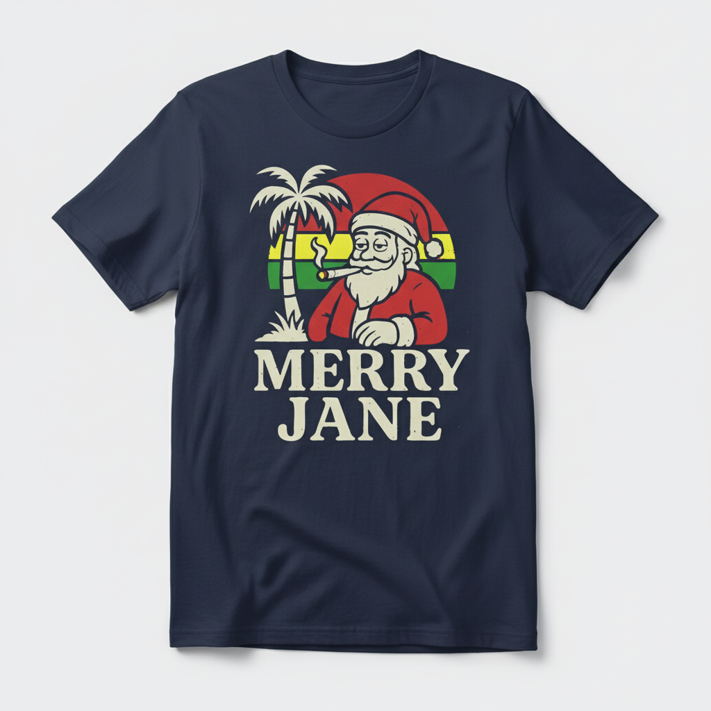 Merry Jane Santa T-Shirt flat lay in navy
