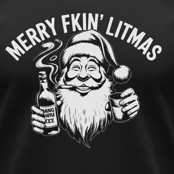 Merry Litmas T-Shirt close-up in black - wrinkle-free