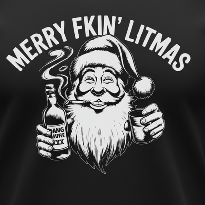 Merry Litmas T-Shirt close-up in black - wrinkle-free