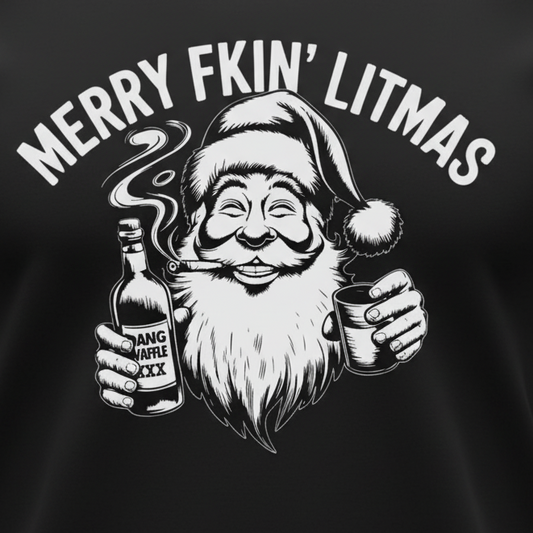 Merry Litmas T-Shirt close-up in black - wrinkle-free
