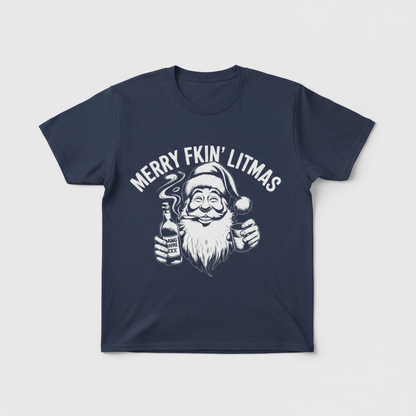 Merry Litmas T-Shirt flat lay in navy