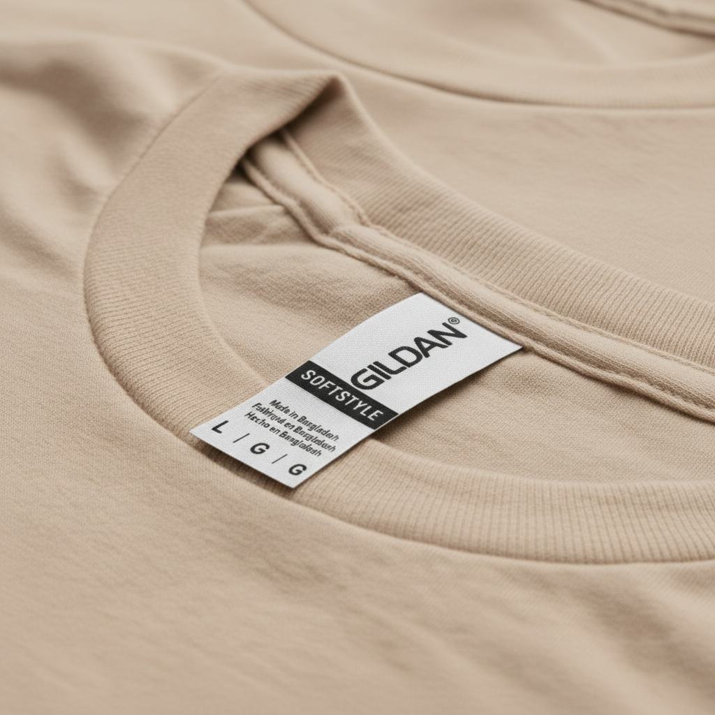 Sand t-shirt close-up with white tag