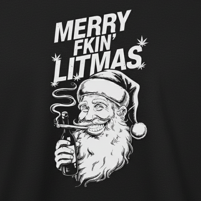 Santa Gettin Lit T-Shirt close-up in black - wrinkle-free