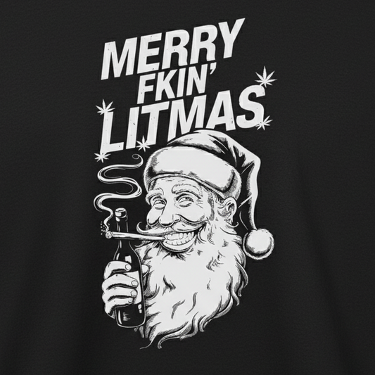 Santa Gettin Lit T-Shirt close-up in black - wrinkle-free