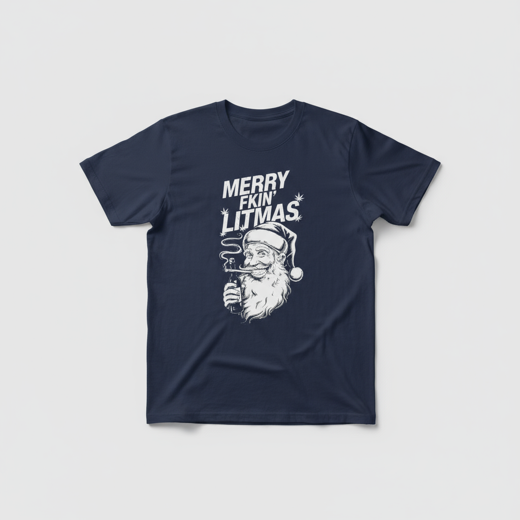 Santa Gettin Lit T-Shirt flat lay in navy