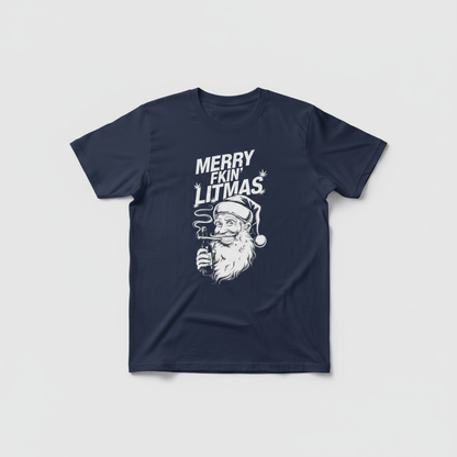 Santa Gettin Lit T-Shirt flat lay in navy