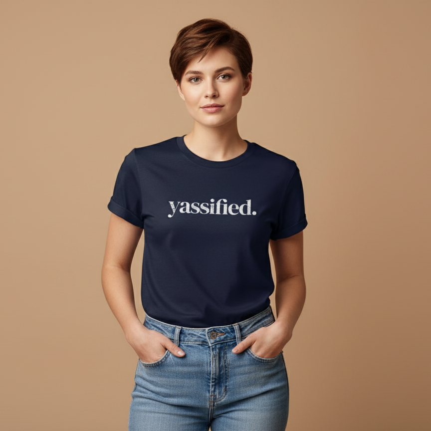 Stylish young woman with short hair wearing Yassified t-shirt