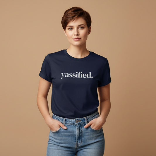 Stylish young woman with short hair wearing Yassified t-shirt