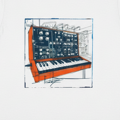 White t-shirt flat lay with Synthwave design