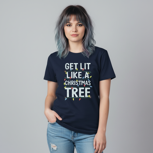 Young white indie-emo female wearing Get Lit T-Shirt in navy